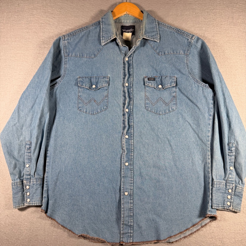 Wrangler Mens Western Denim Pearl Snap Shirt Light Wash Long Sleeve XL 13473